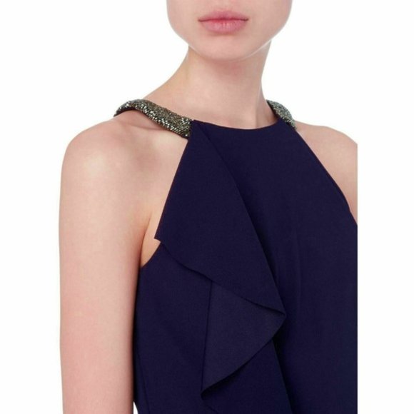 Lauren Ralph Lauren Knoelyn Ruffled Cocktail Sheath Dress Navy Beaded Halter. 6 - Picture 1 of 6